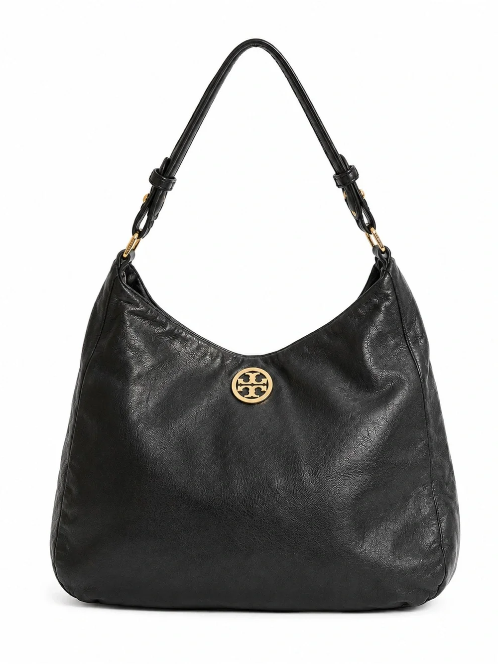 Tory Burch Black Leather Hobo Bag Gold Logo Everyday Shoulder Tote
